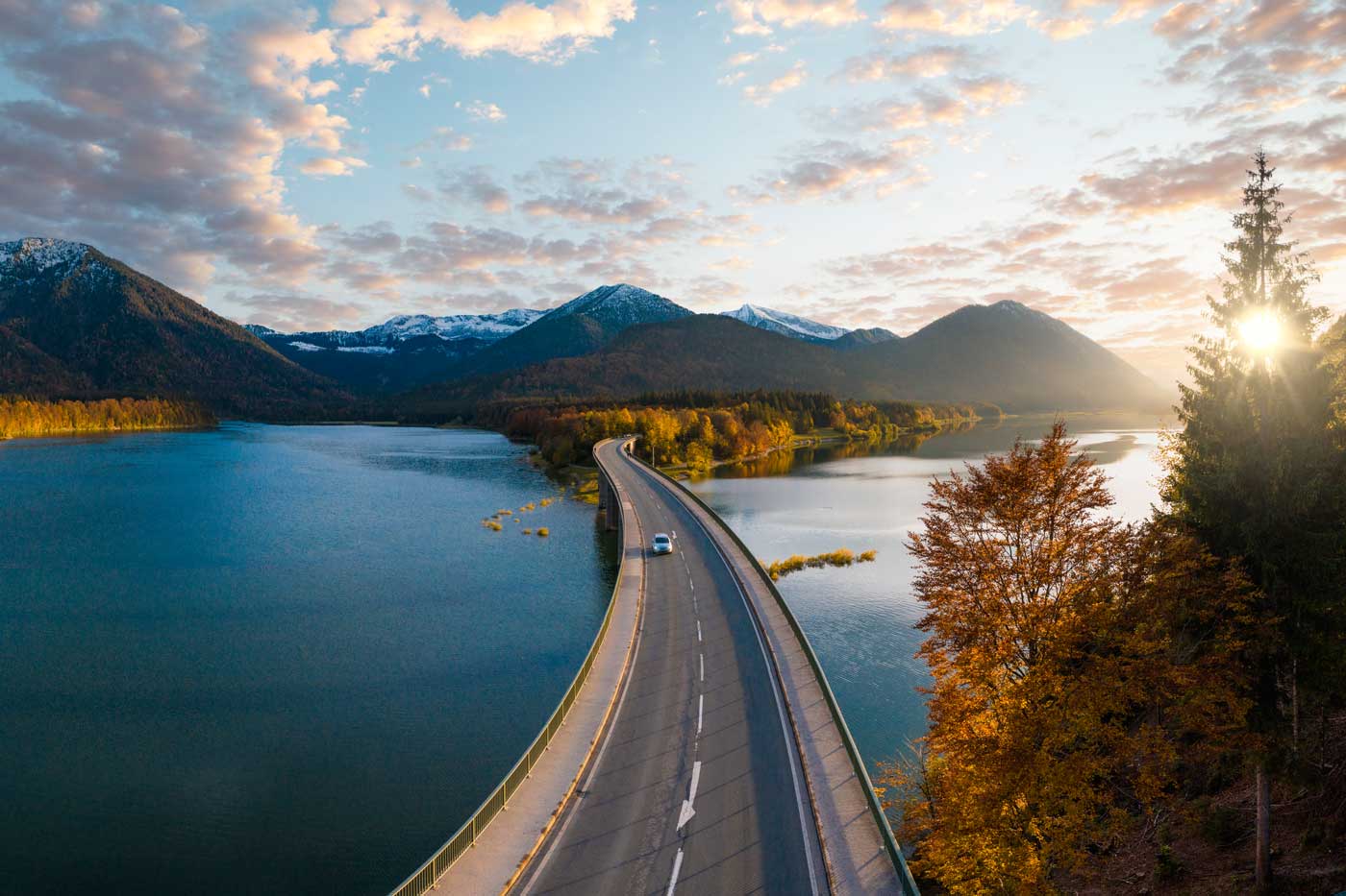 Stock photo  Car driving on bridge, Sylvenstein Lake, Germany 01